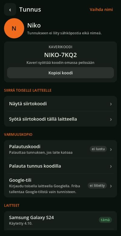 Tunnus: siirto, palautus ja laitteet